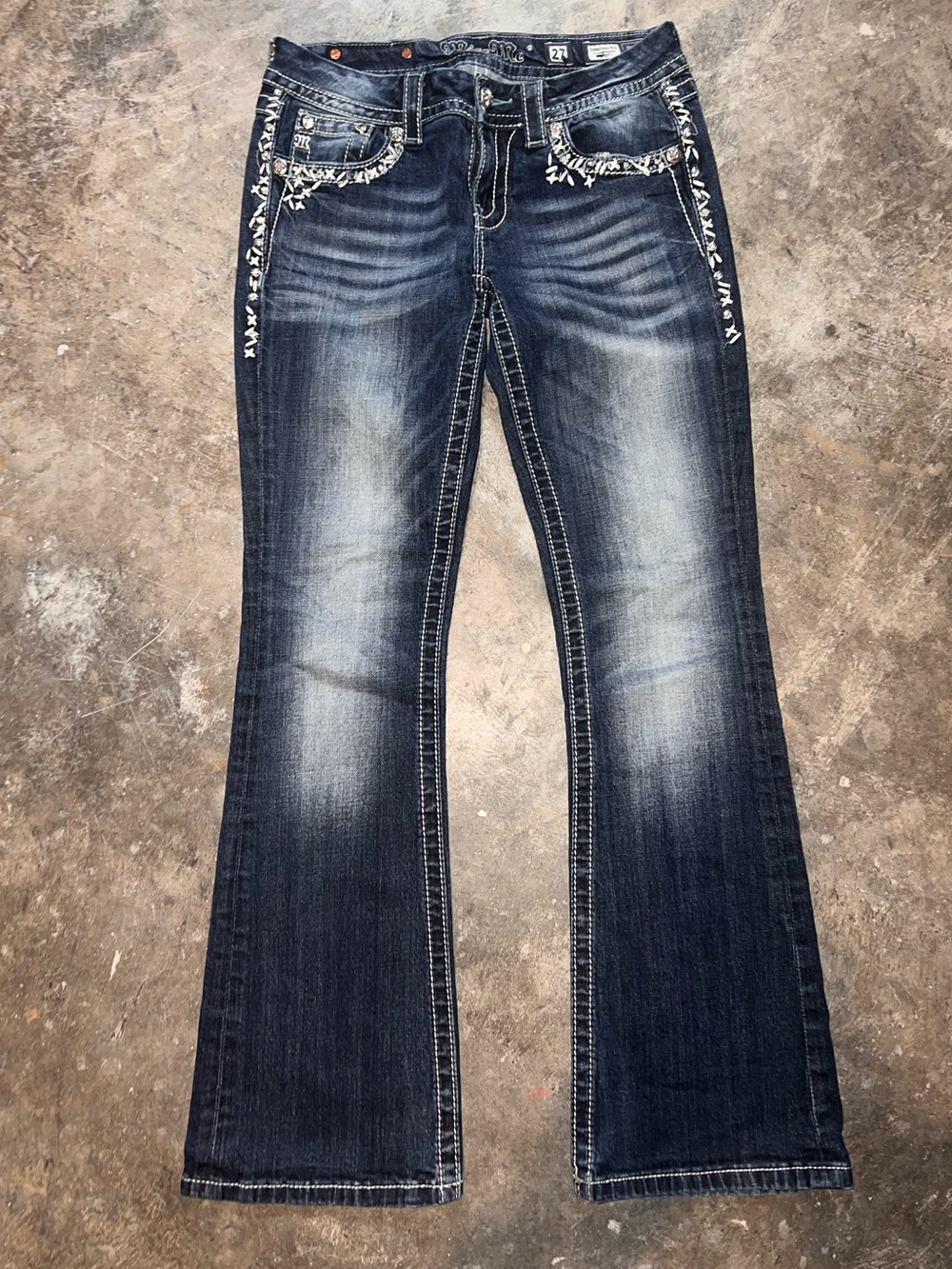 Miss Me Dark Blue Flare Jeans with White Embroidery